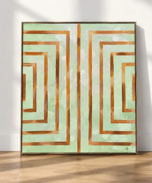 cuadro-abstraccion-geometrica-verde-menta-lineas-ocre-pared