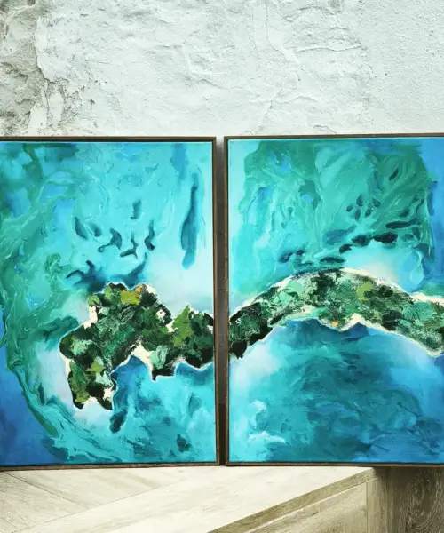 diptico-vista-aerea-isla-mar-turquesa-marco-madera