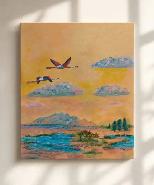 paisaje-flamencos-volando-atardecer-marisma-pared