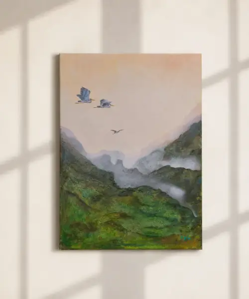 paisaje-montanas-niebla-garzas-volando-pared