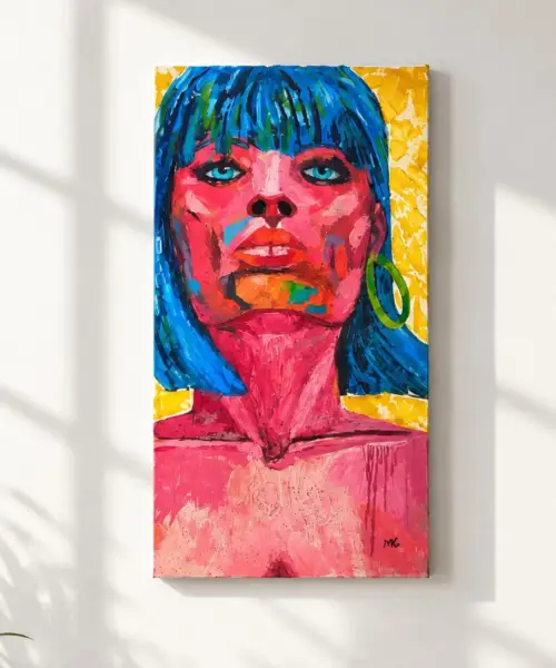 retrato-mujer-pelo-azul-fondo-amarillo-oleo-pared