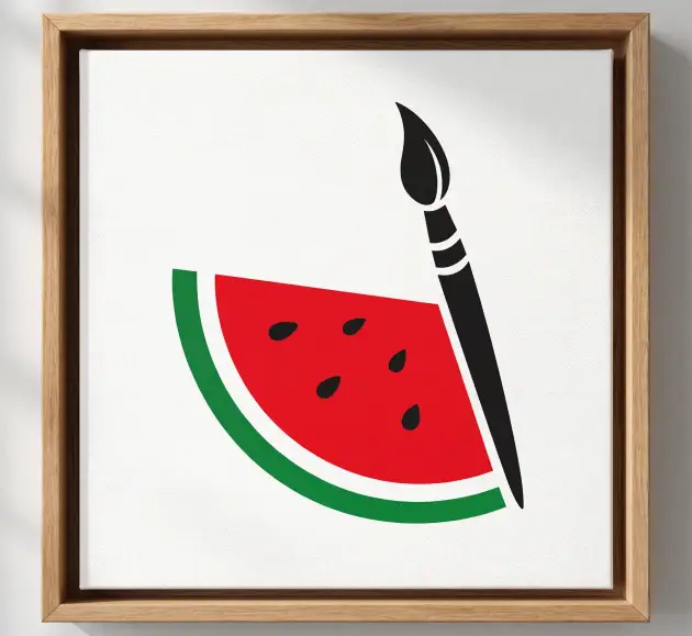 Logotipo de sandía con pincel en un cuadro con marco de madera